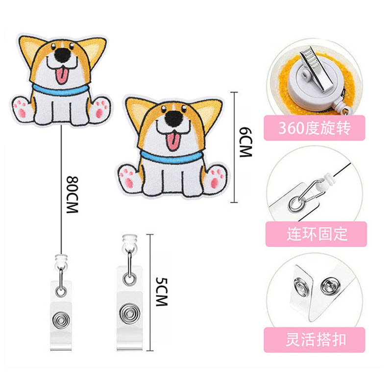 Candy 2025 Color Embroidery Patch Corgi Dog Badge Reel Retractable ID Badge Holder With 360 Rotating Alligator new Clip Name Holder