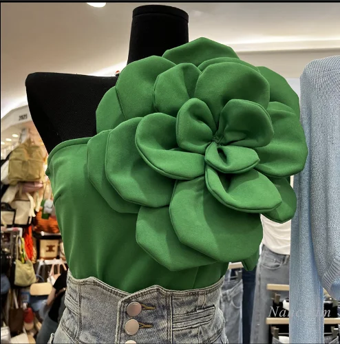 Pure Hot Girl Three-Dimensional Large Flower Diagonal Collar Single-Shoulder Suspender Tank Women Y2K Top Outer Wear Slim Fit