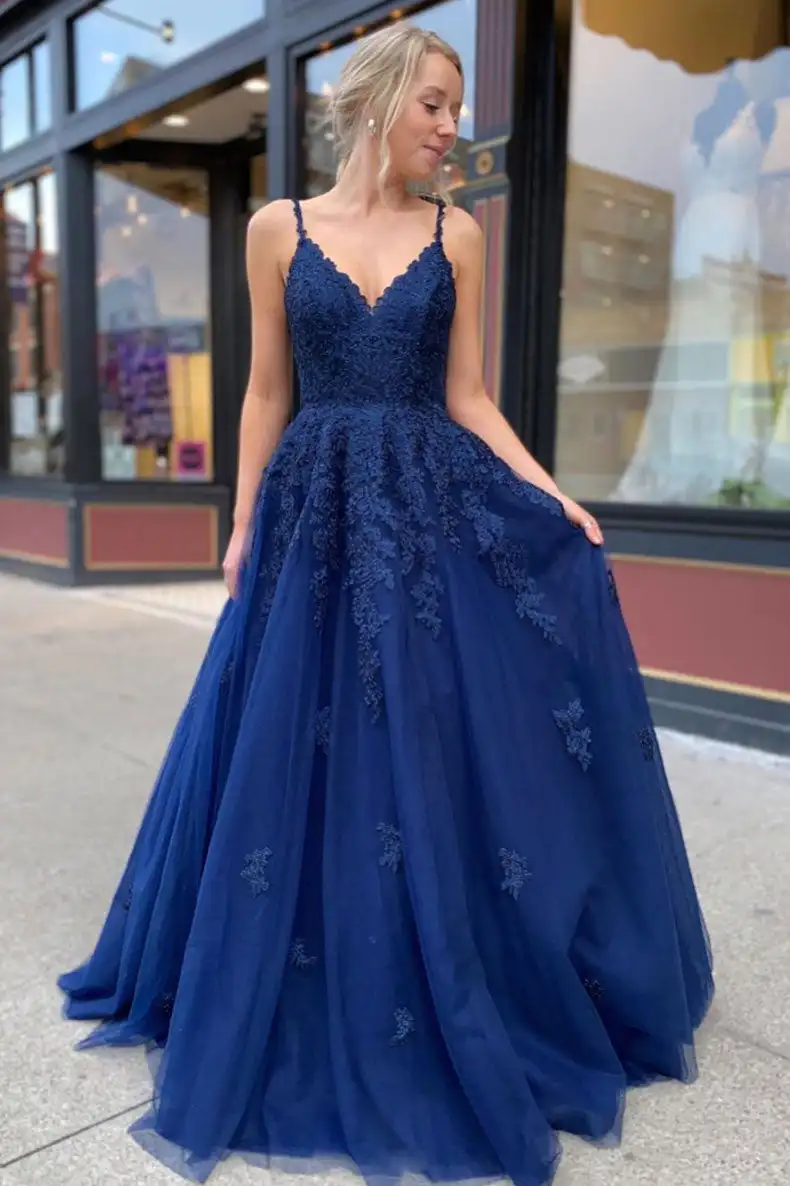 CloverBridal 2023 Navy Blue Tulle Lace Appliques Bridesmaid Dresses Drawstring Back Long Wedding Guest Dresses For Women WB9821