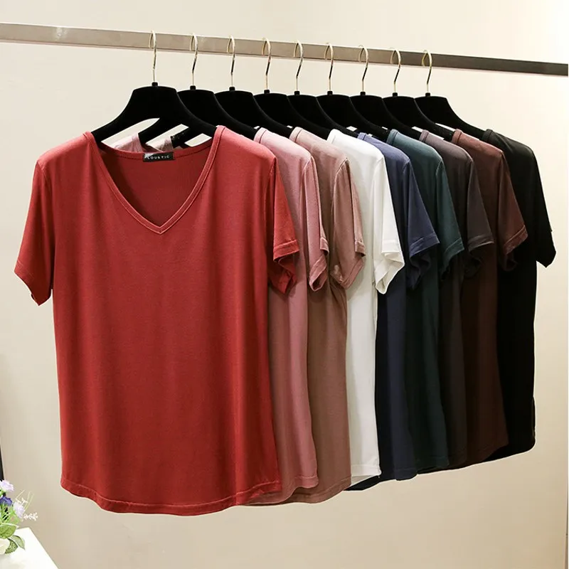 Plus size V-Neck Tshirt Women Summer Loose Tees Modal casual 2025 new T-shirt Solid color Bottoming Tee Tops
