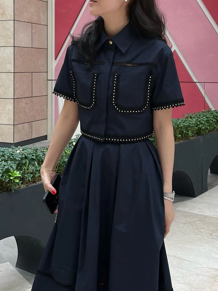 GALCAUR Elegant Two Piece Sets For Women Lapel Short Sleeve Tops new High Waist A Line 2025 Pleated Skirts Solid Set Female Summer 2023