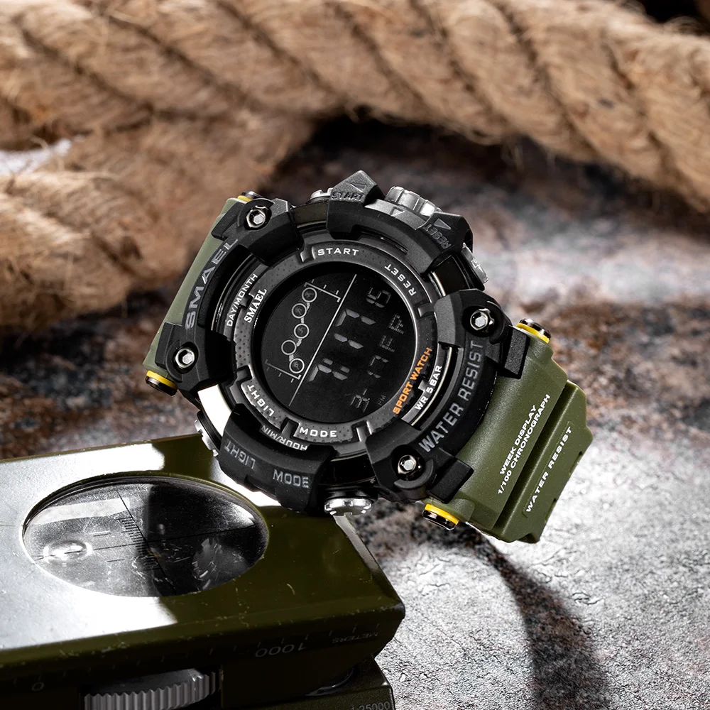 SMAEL Mens Watch new Water Resistant 2025 Sport Watches Army Big Dial Led Digital Wristwatches Stopwatches for Male 1802 Clock