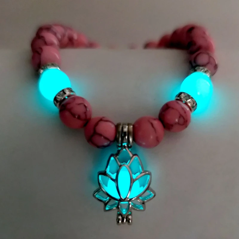 Natural Stone Bracelet Yoga Healing Luminous Glow In The Dark Bracelet Lotus Charm Beads Bracelet for Men Women Prayer Buddhism