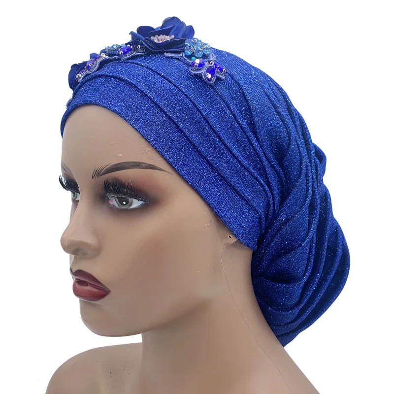 2023 Women's Head Wrap Nigeria Headpiece Lady Party Hat NEW Shiny Pleated Turban Cap with Diamond Bouquet African Headtie