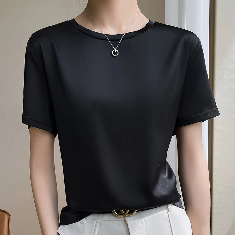 Summer 2025 Short-Sleeved Women's Acetic Acid T-Shirt Satin New Simple Loose Round new Neck Vest Top Joker Slim