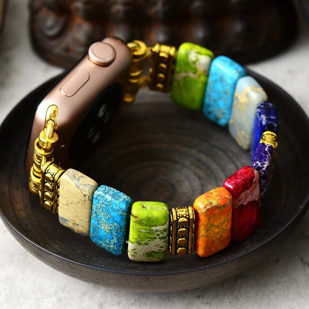 Spiritual 7 Color Chakra Imperial Jaspers Elastic Smart Watch Strap 38mm/45mm Stones Stretchy Wristband Lovers Iwatch Bracelet