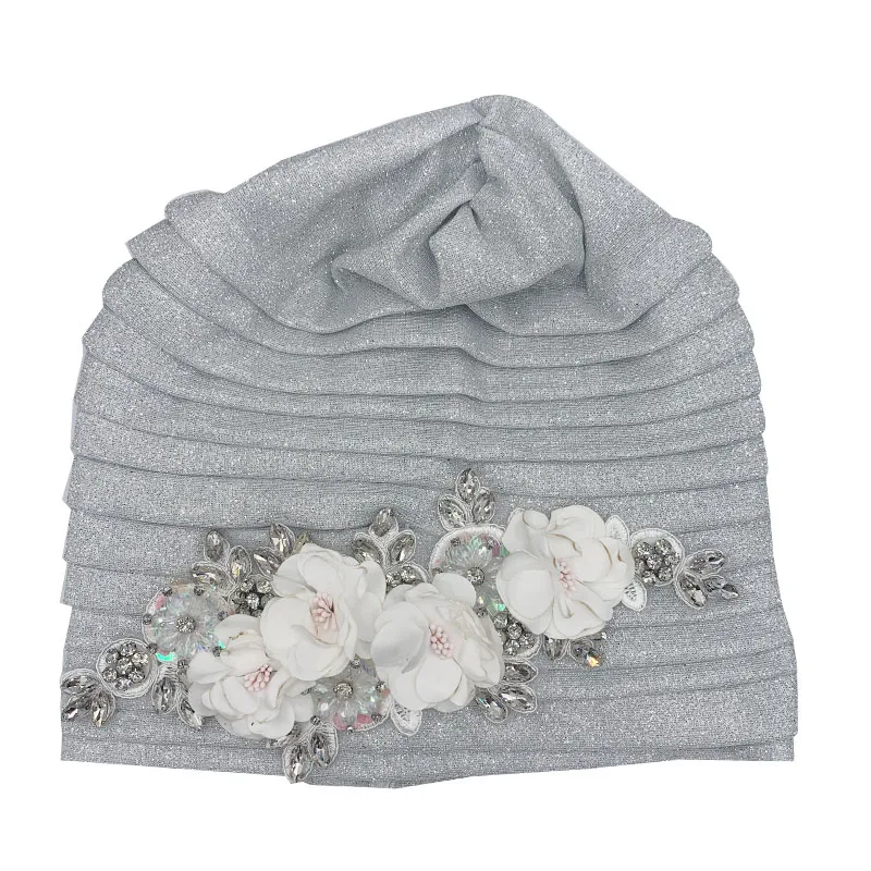 2023 Women's Head Wrap Nigeria Headpiece Lady Party Hat NEW Shiny Pleated Turban Cap with Diamond Bouquet African Headtie