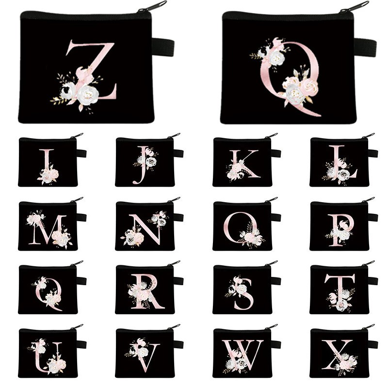 Pink Letter Flower Print Purse Cute Portable Zipper Key Storage Bag Small 2025 Fresh Canvas Zippered new Children Coin Purse Clutch Bag