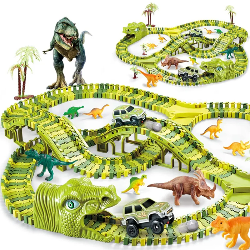 DIY Plastic Racing Track Set Dinosaur Railway Toys Flexible Race Track Electronic Flash Light Car Toys for Children Gifts