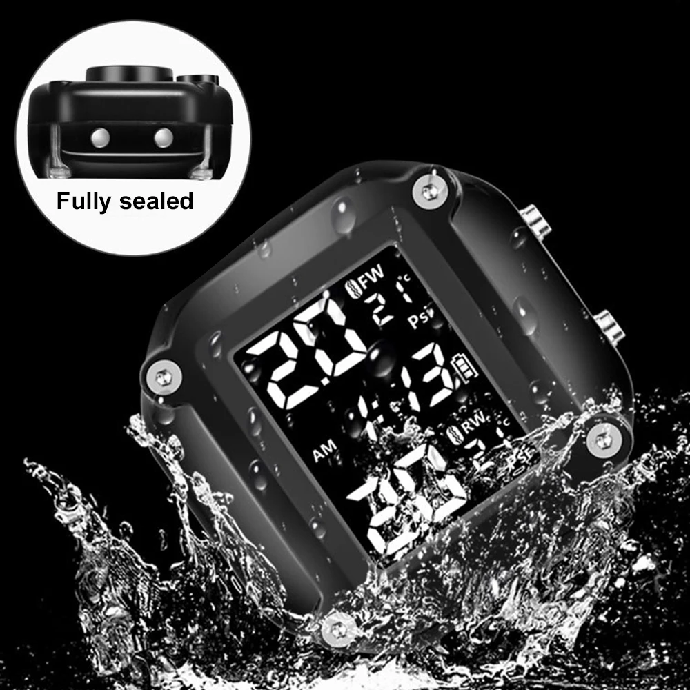 Motorcycle TPMS Sensor LCD Display Motor Tire Pressure Temperature Monitoring Alarm System With 2 External Sensors USB Charging