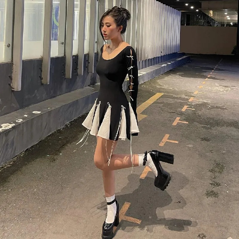Xeemilo Autumn Bow Lace Up Slim Dress Aesthetic Long Sleeve Black White Patchwork Skinny Dresses Korean Fashion Party Vestidos 240518