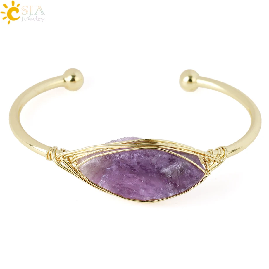 CSJA new Gem Stone Open Cuffs Bracelets Crystals Natural Stones 2025 Bangles Gold Color Wire Wrap Bracelet for Friend Bijoux Femme G866