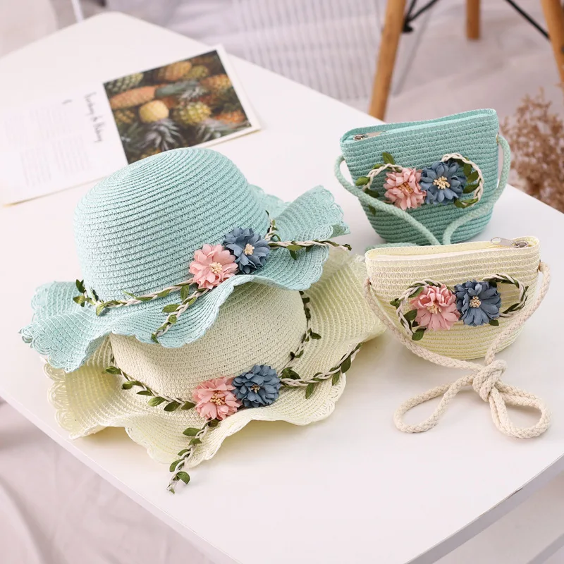 Summer Girls Baby Straw Hat Shoulder 2025 Bag Set Cute Floral Sun new Bucket Hat Tote Bags 2pcs/Set Baby Travel Beach Sunshade Hat Gorros