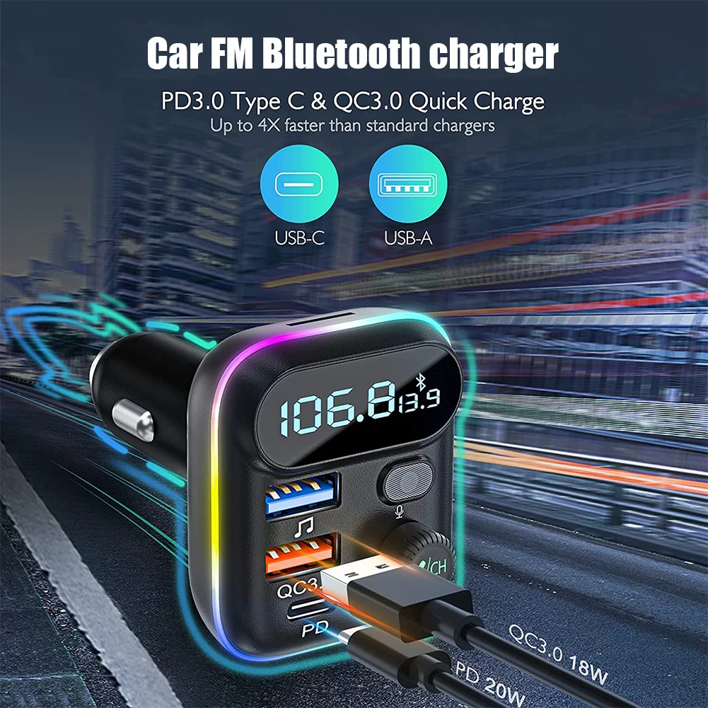 Car Bluetooth 5.0 FM Transmitter QC3.0 PD Type C Dual USB 2025 Car Charger new Ambient Light Handsfree Mp3 Player Support TF Card