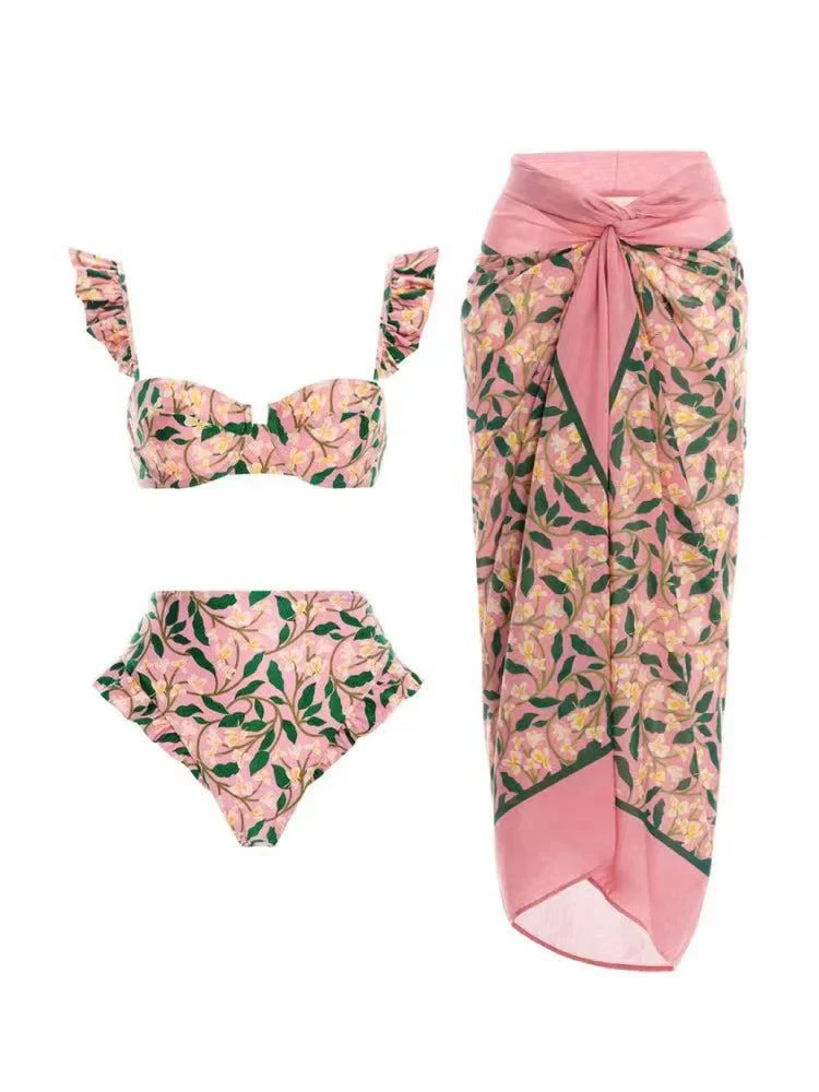 High Waisted Printed Bikini 2023 Women Two-piece Swimsuit Set Tummy Control Ruffle Edge Sexy Swimsuit for Surfing,Beach Vacation
