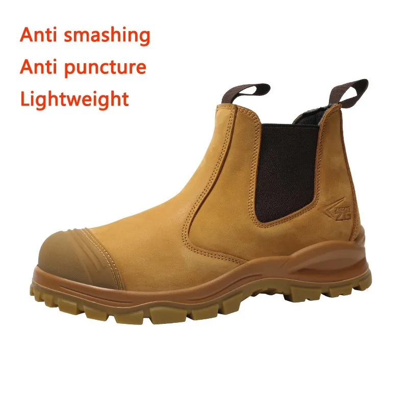 Luxury High-top Cowhide Boots Men's Safety Shoes Lace Free Steel Toe Anti Impact And Anti Puncture Wear Resistant Work Shoes