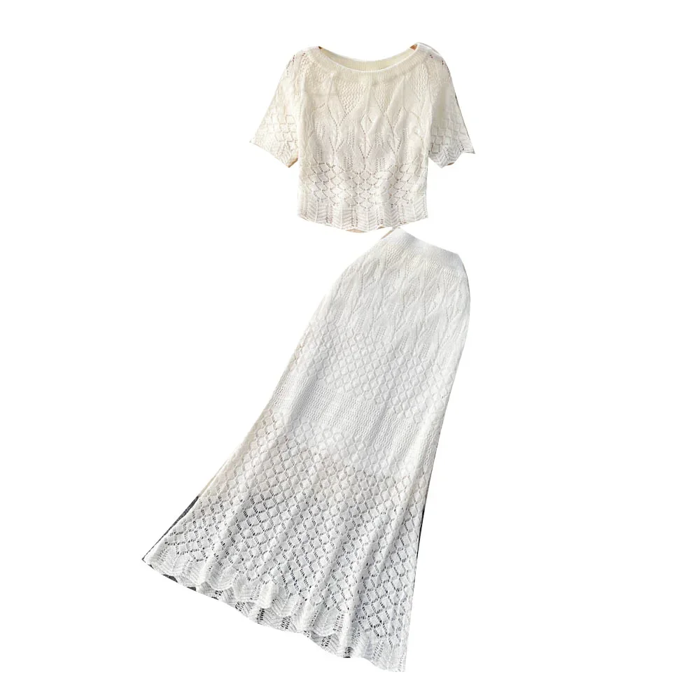 Korean new Style Hollow Hook Flower Lace Short-sleeved Suit Skirt Women's Short Top + 2025 Fishtail Skirt 2-piece Set Trendy