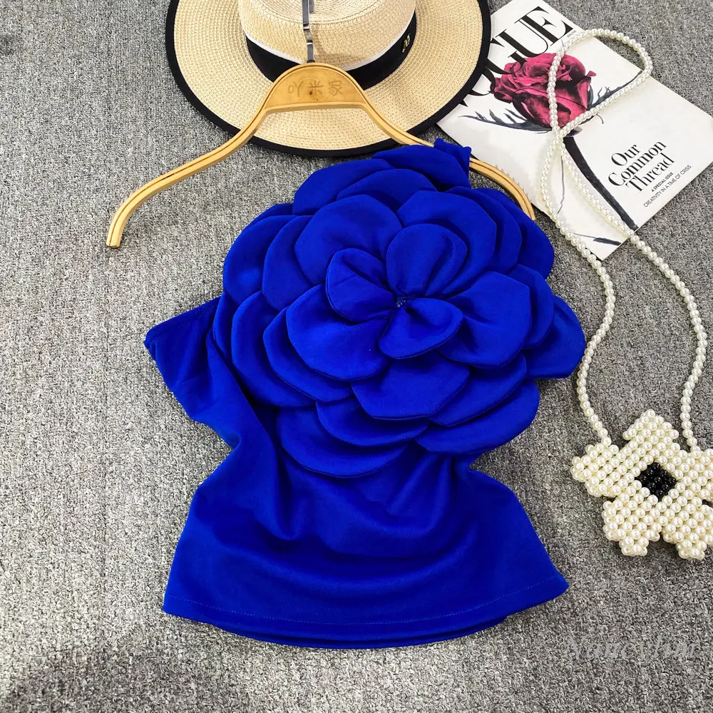 Pure Hot Girl Three-Dimensional Large Flower Diagonal Collar Single-Shoulder Suspender Tank Women Y2K Top Outer Wear Slim Fit