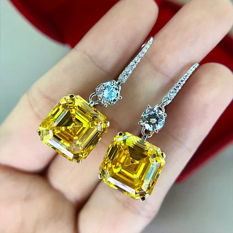 New Simple and Elegant Square Cubic Zirconia Earrings Bling Yellow CZ Dangle Luxury Women Wedding Engagement Jewelry