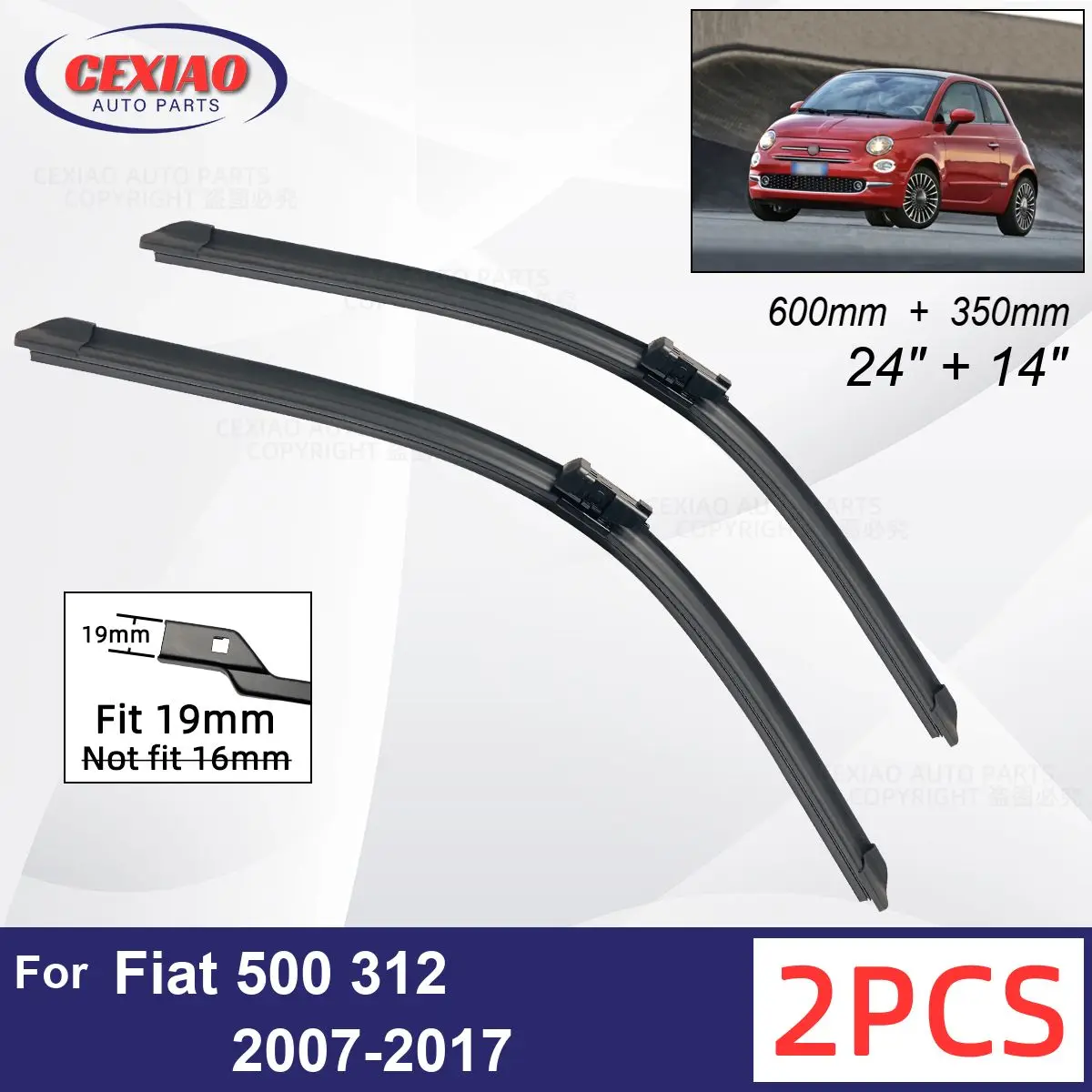 Car new Wiper For 2025 Fiat 500 312 2007-2017 Front Wiper Blades Soft Rubber Windscreen Wipers Auto Windshield 24" 14" 600mm 350mm