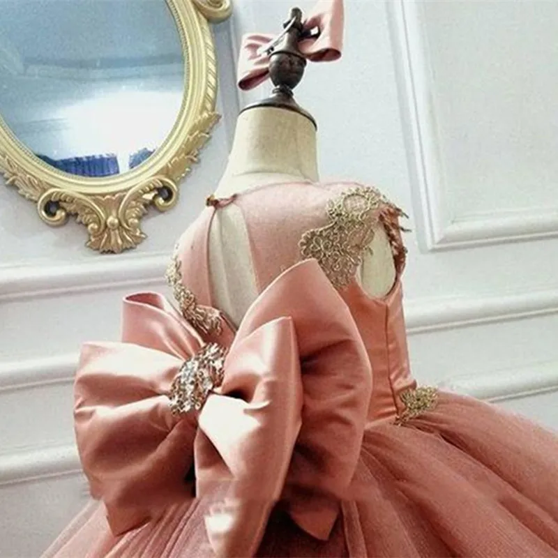 Golden Lace Sheer Neck Flower Girl Wedding Dresses Satin Lilttle Kids Party Birthday Formal Children Gowns Celebrity