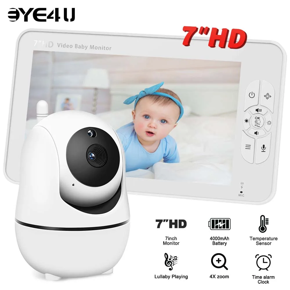 7 Inch Video Baby Monitor Pan Tilt 4X Zoom Camera 2.4G Mother Kids Surveillance Cameras With Temperature Display Screen Split