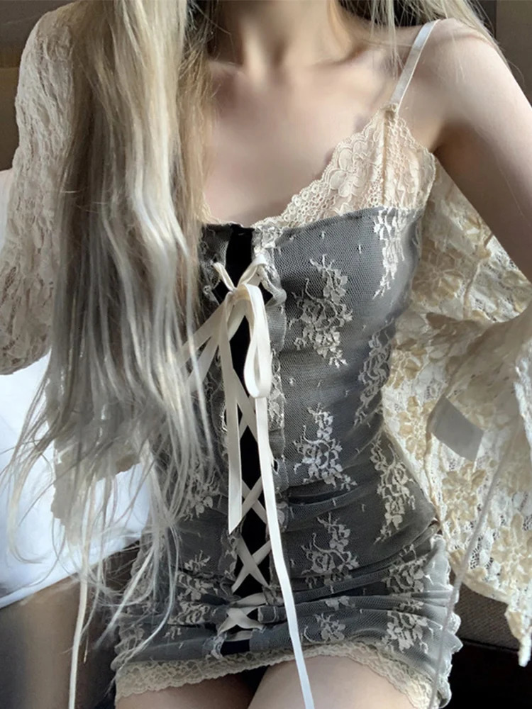 AltGoth Fairycore Elegant Lace Dress Women Pastel Goth Y2k Streetwear Spaghetti Strap Lace-up High Waist Corset Dress Partywear 240518