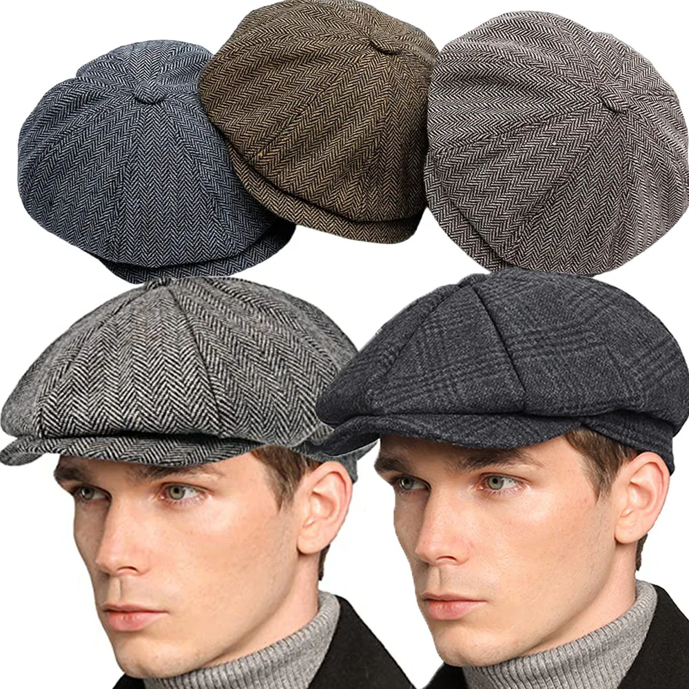 2023 Retro Newsboy Caps Men Octagonal Hats British Painters Hat Autumn Winter Berets Herringbone Flat Caps Hip Hop Berets Gorras