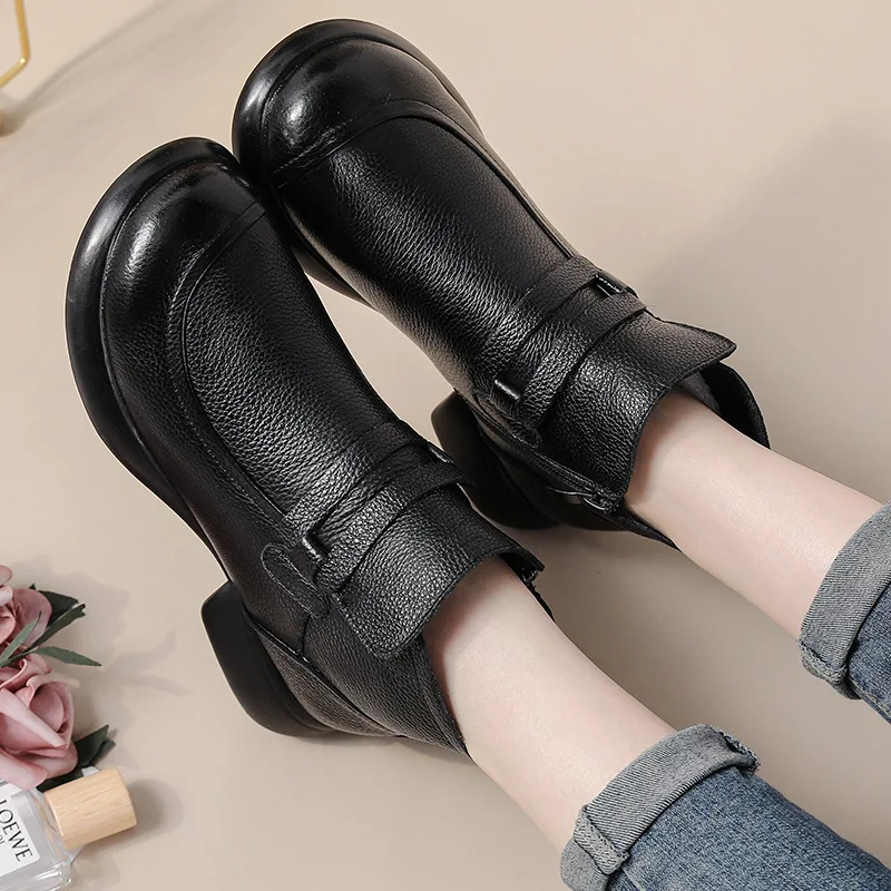 Women Shoes Round Toe Genuine Cow Leather Handmade Retro Thick Heel Casual Loafers Ladies Winter Soft Sole Plush Warm Boots