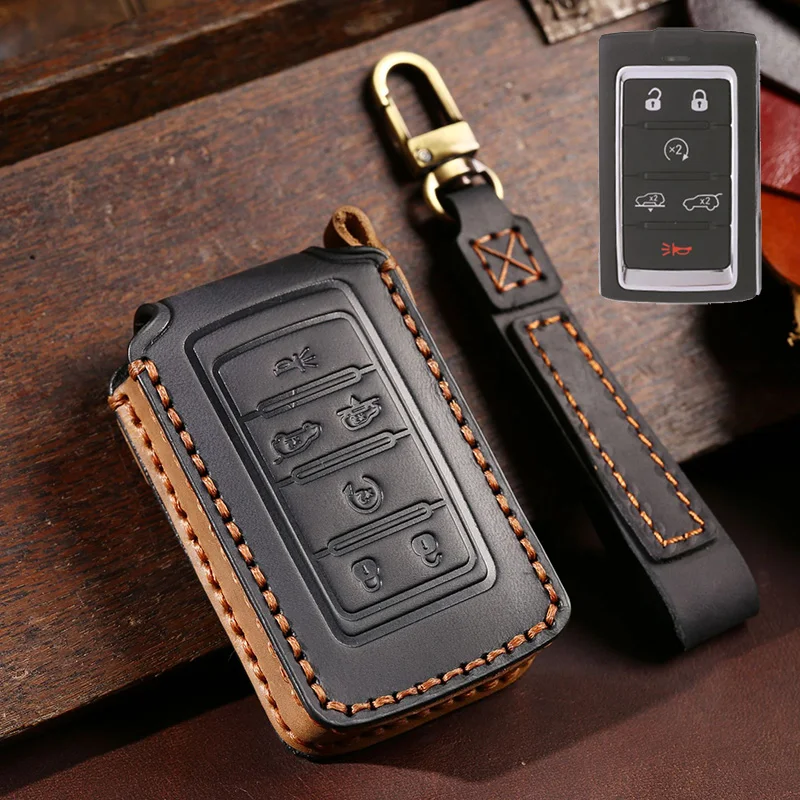 Genuine Leather Car Key Case Cover Fob Shell for Jeep Grand Cherokee Wagoneer 2021 2022 2023 Car Keychain