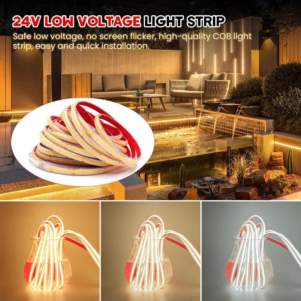 IP68 Waterproof COB Led Strip Light 12V 24V 5m 10m 15m 20m 0.5m Flexible LED Tape 320LED RA90 High Density Bright Liner Lighting