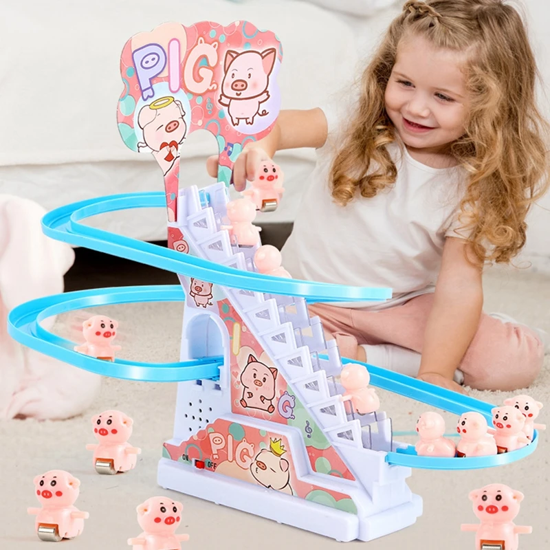 DIY 2025 Rail Racing Track Electric Duck Climbing Stairs Toy Pig Penguins Music Electric Roller new Coaster Toy For Kid Children Gift