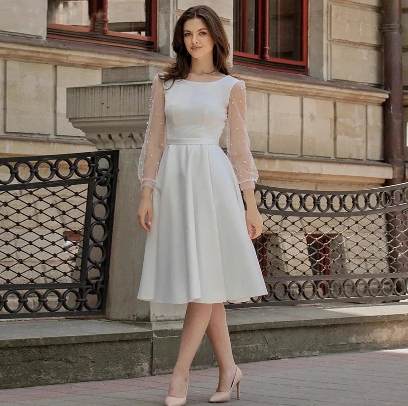 Beach A-line Short Wedding Dresses 2024 Scoop Pearl Long Sleeves Knee Length Satin Bridal Bride Gowns Vestido De Novia Customed