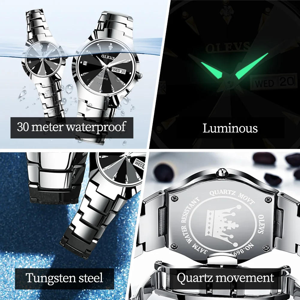 OLEVS Tungsten steel Ladies' Watches Set Rhombus Mirror Waterproof Luminous Calendar Gold Wristwatch Quartz Watch for Women Set