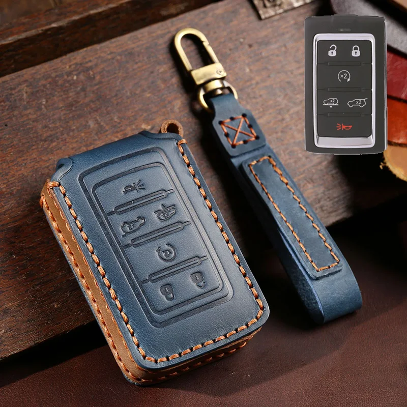 Genuine Leather Car Key Case Cover Fob Shell for Jeep Grand Cherokee Wagoneer 2021 2022 2023 Car Keychain