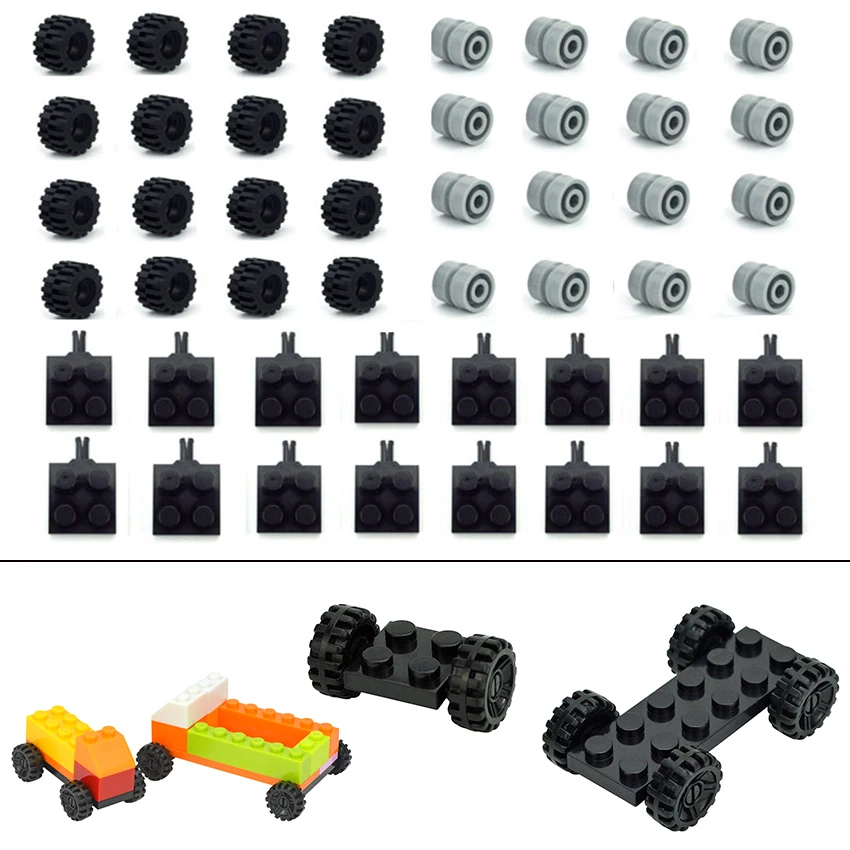 48/80Pcs Mini Wheel Tyre Shaft Plate Axles Pack Set Car Tires Building Blocks Technical Part Truck Vehicle Accessories Brick Toy