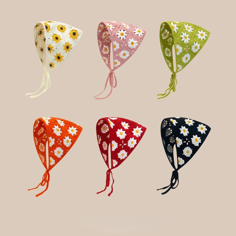 Korean Ins Knit Headband 2025 Women new Sweet Crochet Hollow Triangular Towel Spring and Summer Travel Photo Japanese Literary Hair Towel