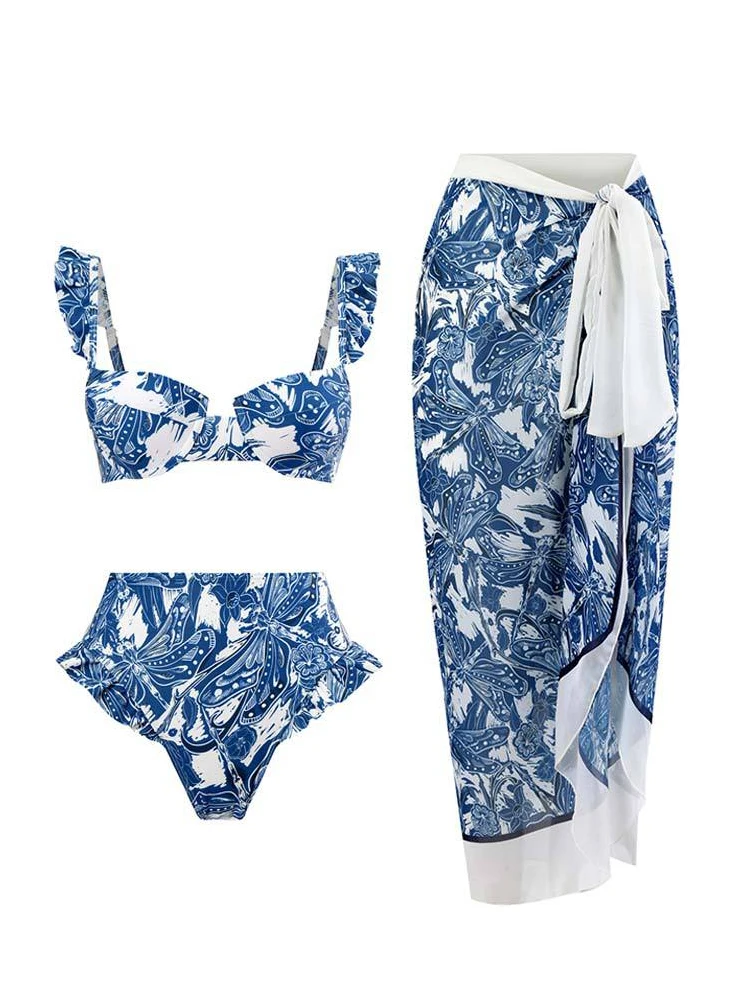 High Waisted Printed Bikini 2023 Women Two-piece Swimsuit Set Tummy Control Ruffle Edge Sexy Swimsuit for Surfing,Beach Vacation