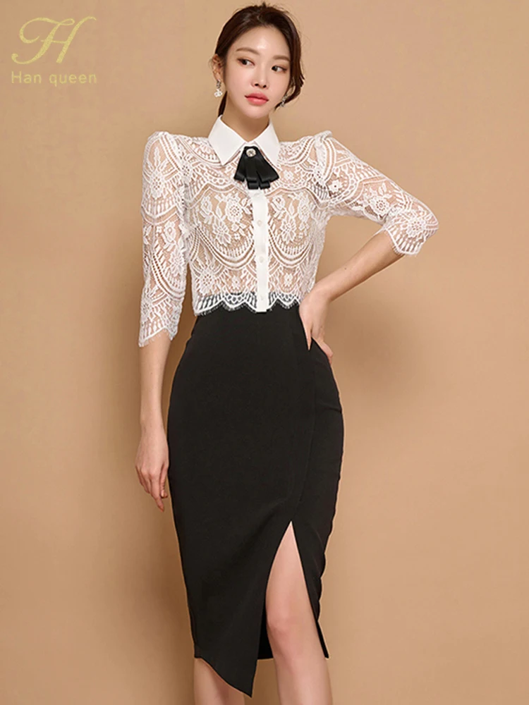 H Han Queen Elegant 2023 new Summer 2 Pieces Set 2025 Women Bow Lace Tops + High Waist Slit Pencil Skirts Casual Simple Office Skirt Suit