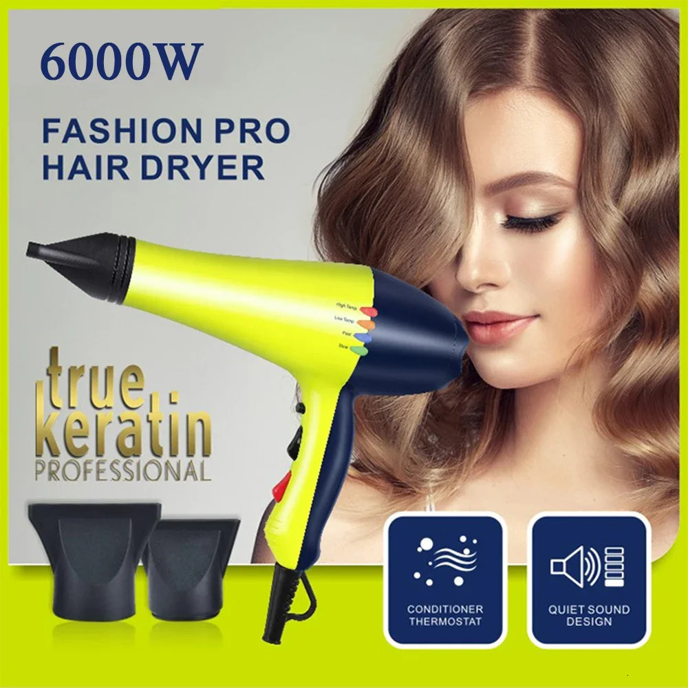 Professional 6000W Hair Dryer Anion Blowdryer for Salon High Speed Strong Wind 4 Gear Low Noise Lightweight Blower with 2 Nozzle 240511