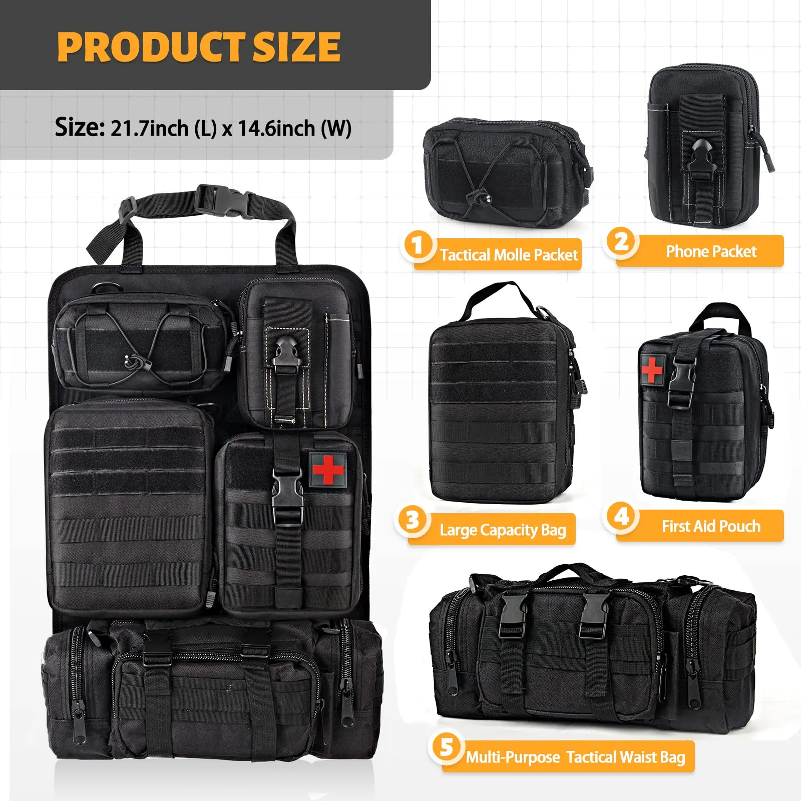 Tactical Car Seat Back Organizer Tactical Vehicle Panel Organizer with 5 Detachable Molle Pouches Universal fits Most of Vehicle