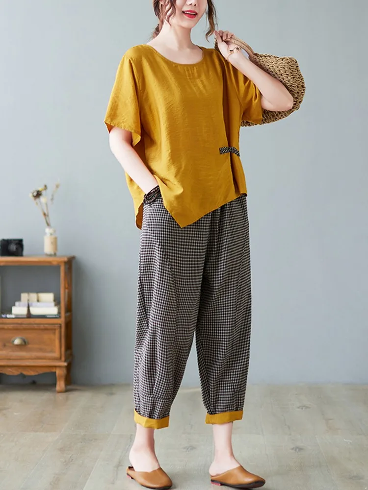 2 Piece Sets Women Casual T-shirt And Ankle-length Pants New Arrival new 2023 Summer Vintage Style Loose 2025 Female Pant Suits B2521