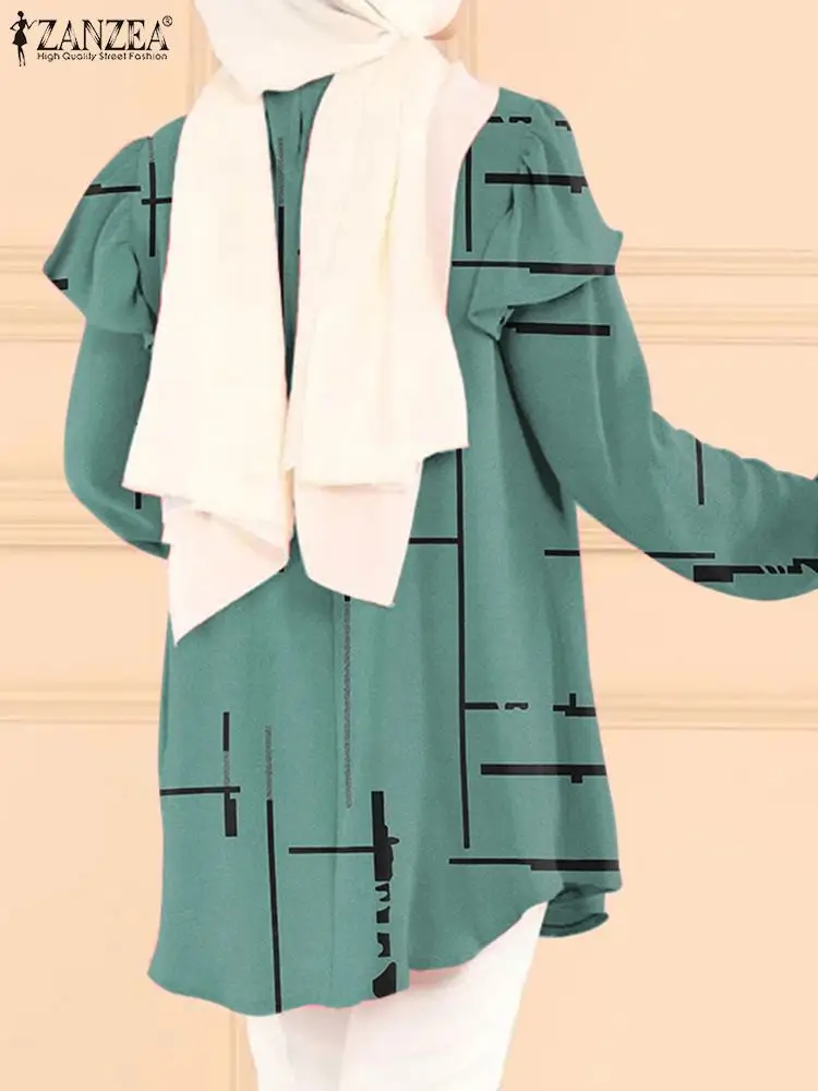 ZANZEA Muslim Printed Shirt Women Vintage Floral 2025 Tops Bohemian new Ruffles Loose Blouse Long Puff Sleeve Ramadan Hijab Blusas Abaya