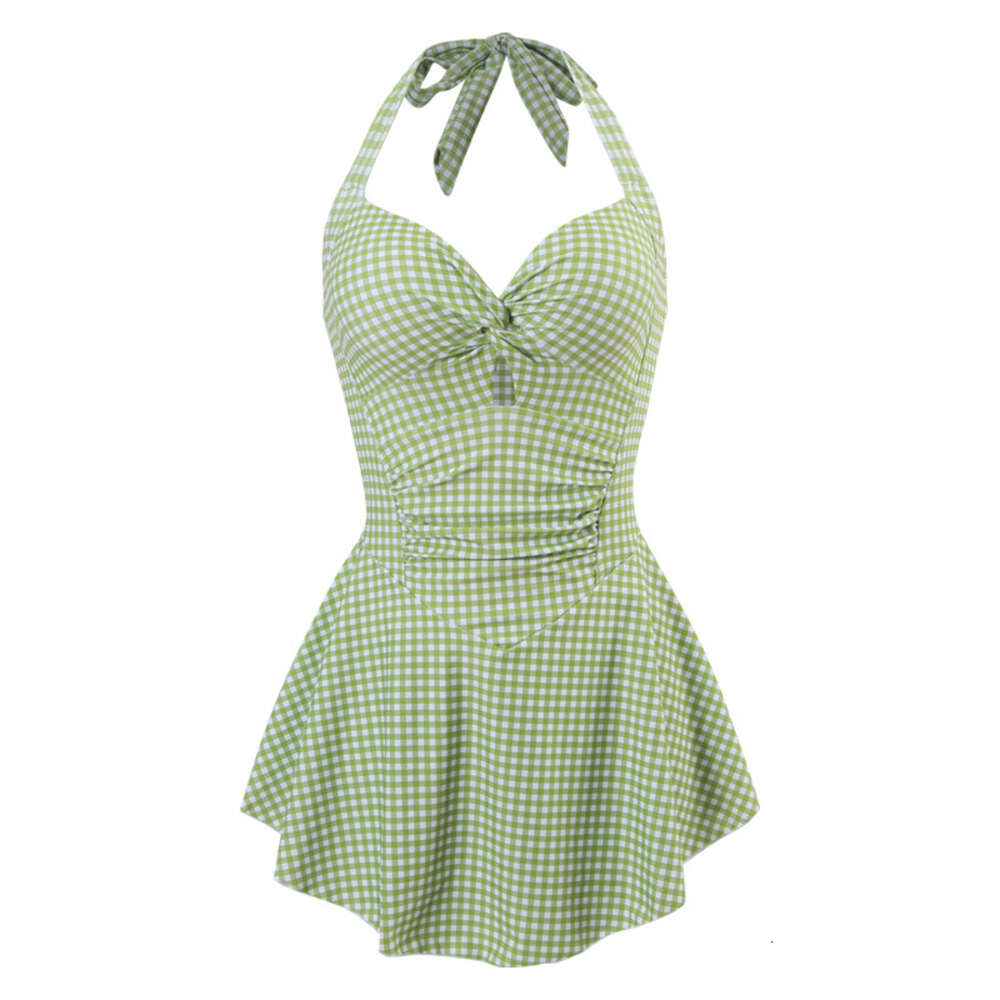 Ddmytiger Ddmytiger Sweet One Piece For Women In Summer Small Fresh Plaid Neck Hanging Cute And Conservative Korean Student Hot Spring Swimsuit H