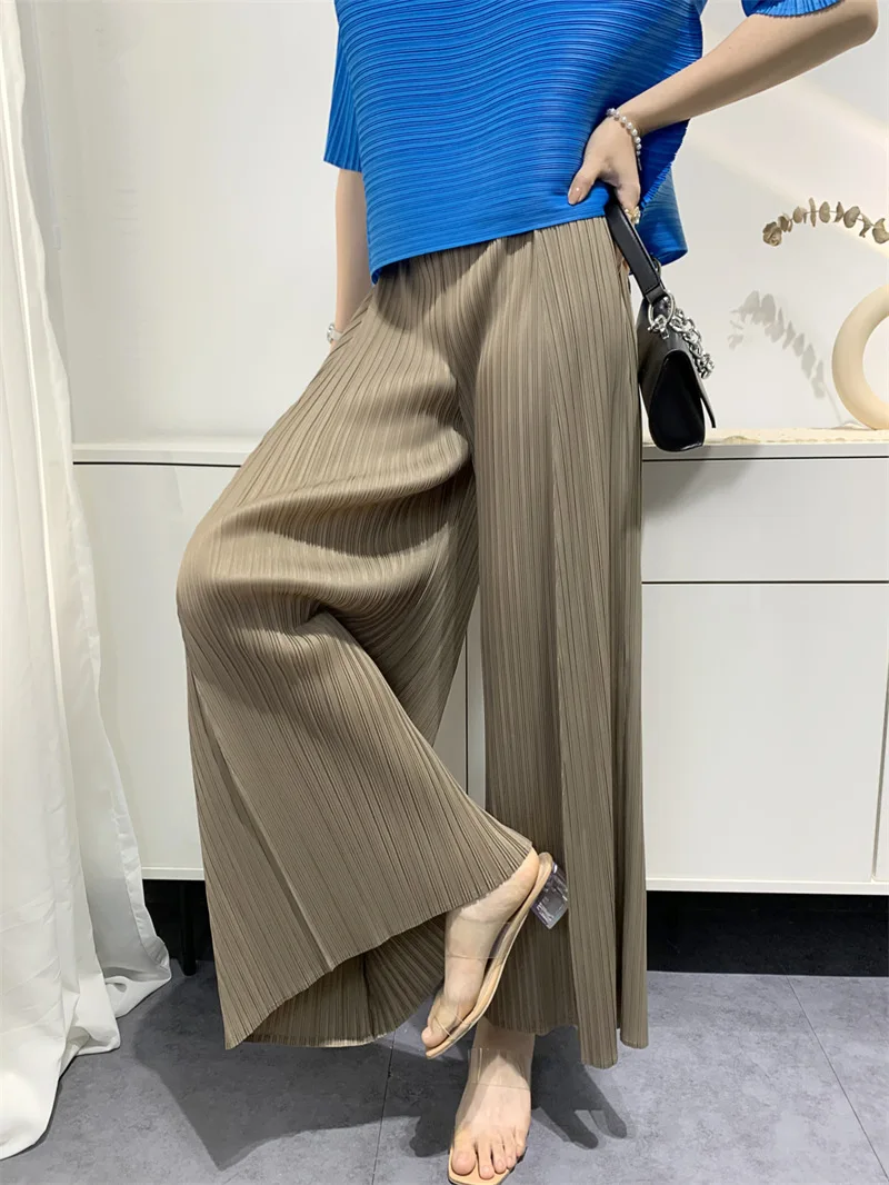 2025 2023 Miyake Pleated Niche Wide-leg Flared Trousers for Women new Spring Summer High Waist Elegant Solid Color Female Loose Pants