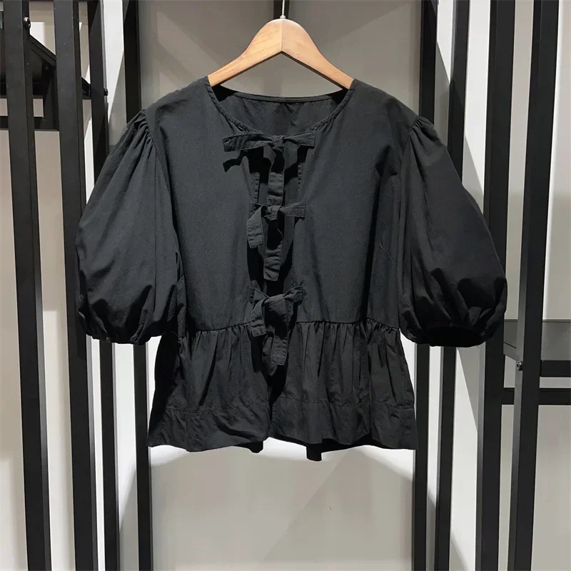 Women Shirt 2023 Spring and Summer New new Round Neck Tie 2025 Puff Sleeve Waist Solid Color Shirt