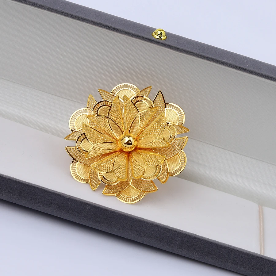 Dubai Gold Plated Rings Nigerian Big Flower Jewellery Indian Wedding Ethiopian Luxury Finger Jewelry For Women 2023 Party Gift