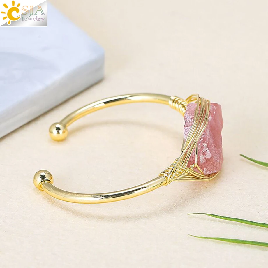 CSJA new Gem Stone Open Cuffs Bracelets Crystals Natural Stones 2025 Bangles Gold Color Wire Wrap Bracelet for Friend Bijoux Femme G866