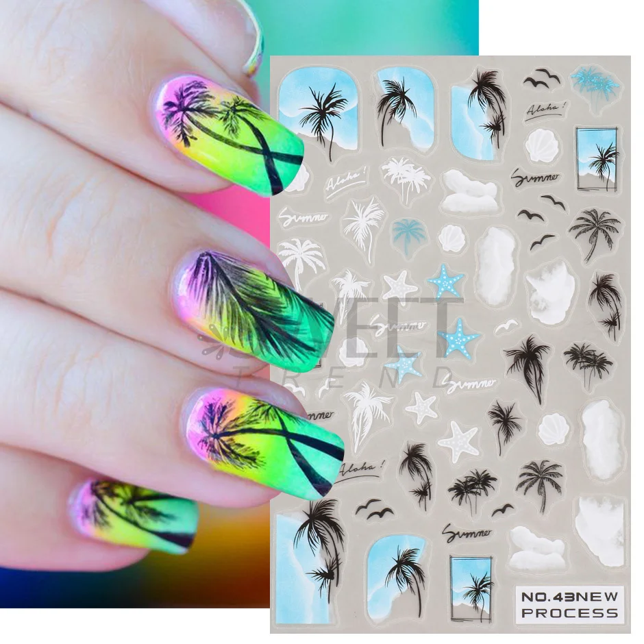 Sea Animal Jellyfish Nail 2025 Stickers Blue Shell Star new Fish 3D Decals Beach Wave Palm Tree Nail Art Sliders Scrub Spring Design SANO