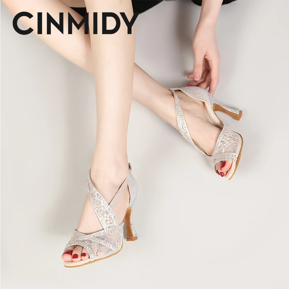 CINMIDY Red Sole Latin Dance Shoes For Women Tango Ballroom Dance Shoes Cuban Heel Rhinestone new Wedding Shoes 2025 Women's Sandals